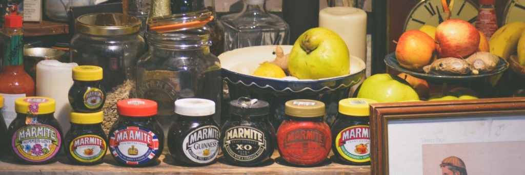 Pots of marmite on a shelf